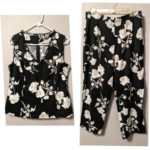 Vintage 2-pc Top & Capri Pants Black and White Floral Sleeveless V Neck Sz. 12